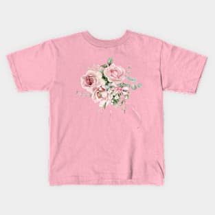 Coquette Aesthetic Watercolor Pink Ribbon Bow Floral Eucalyptus Bouquet Kids T-Shirt